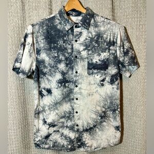 Carbon Tie Dye Mens Large Slim Fit Button Up Short Sleeve Shirt Black White Rare
